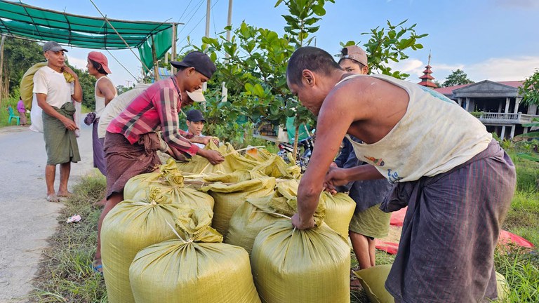 ဟင်္သာတမြို့နယ်၊ ကျုံတုံးကျေးရွာအုပ်စု၊ အင်းဇရပ်ကျေးရွာရှိ လယ်သမားများ စပါးအိတ်များ ထုပ်ပိုးနေသည်ကို ၂၀၂၃ ခုနှစ်၊ အောက်တိုဘာလ ၁၈ ရက်နေ့က တွေ့ရစဉ်။ (Photo: RFA)