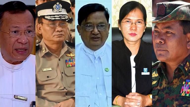 စစ်ကောင်စီ ရင်းနှီးမြှုပ်နှံမှုနဲ့ နိုင်ငံခြားစီးပွားဆက်သွယ်ရေး ပြည်ထောင်စုဝန်ကြီး ဒေါက်တာကံဇော်၊ အကျဉ်းဦးစီးဌာန ညွှန်ကြားရေးမှူးချုပ် ဦးဇော်မင်း၊ စက်မှုဝန်ကြီးဌာန ပြည်ထောင်စုဝန်ကြီး ဦးချာလီသန်း၊ ဥပဒေရေးရာ ညွှန်ကြားရေးမှူးချုပ် ဒေါက်တာဆွေဆွေအောင်၊ စစ်ကောင်စီ ကြည်း၊ ရေ၊ လေ ညှိနှိုင်းကွပ်ကဲရေးမှူး ဗိုလ်ချုပ်ကြီး မောင်မောင်အေး။ (ဝဲ မှ ယာ)