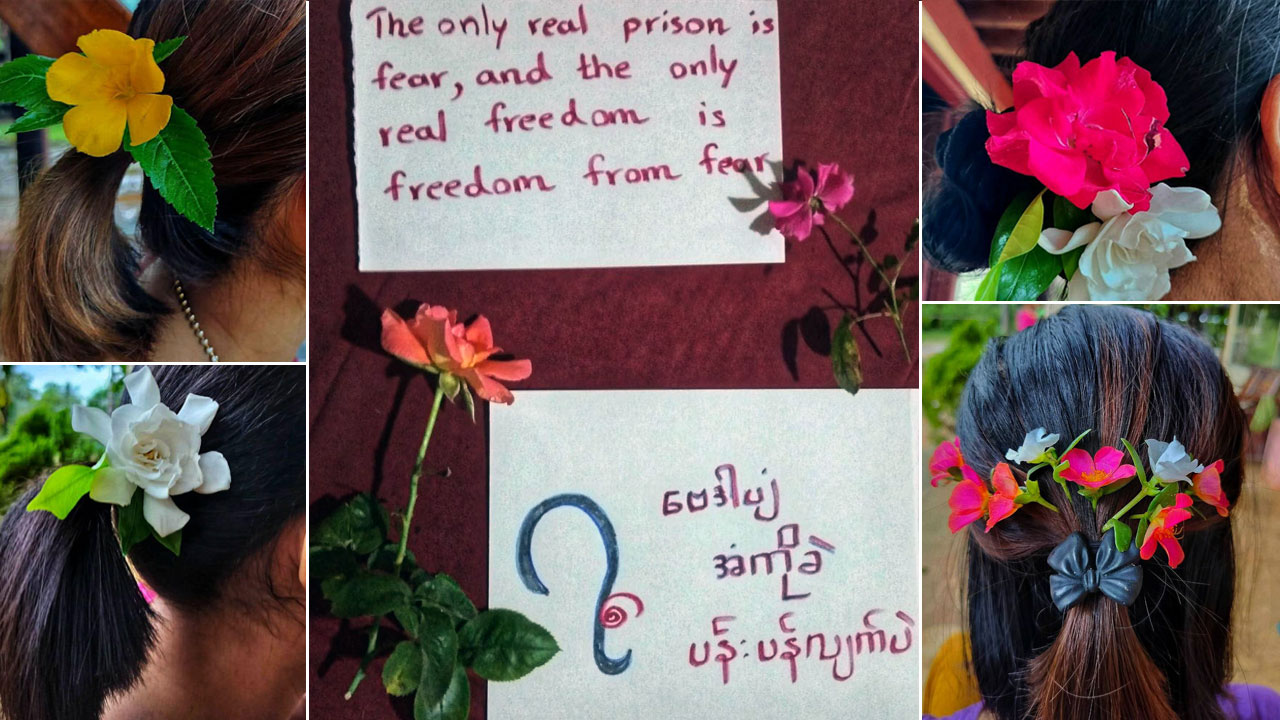 flower-protest-kanpauk တနင်္သာရီတိုင်း၊ ထားဝယ်ခရိုင်၊ ရေဖြူမြို့နယ်၊ ကံပေါက်ဒေသတွင် ၂၀၂၃ ခုနှစ်၊ ဇွန်လ ၁၉ ရက်နေ့ ကျရောက်သည့် ဒေါ်အောင်ဆန်းစုကြည်၏ (၇၈) နှစ်ပြည့် မွေးနေ့အထိမ်းအမှတ် ပန်းသပိတ်ပြုလုပ်ကြစဉ်။ (Photo: Citizen Journalist)