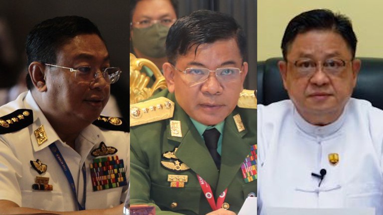 ၂ဝ၂၃ ခုနှစ် ဖေဖော်ဝါရီ ၂ဝ ရက်က ထုတ်ပြန်သည့် ဥရောပသမဂ္ဂ၏ ပိတ်ဆို့အရေးယူသည့်စာရင်းတွင် ပါရှိခဲ့သည့် ရေတပ်စစ်ဦးစီးချုပ် ဗိုလ်ချုပ်ကြီးမိုးအောင်၊ ကာကွယ်ရေးဦးစီးချုပ်(ကြည်း) ဗိုလ်ချုပ်မောင်မောင်အေး၊ စွမ်းအင်ဝန်ကြီး ဦးမျိုးမြင့်ဦး (ဝဲ မှ ယာ) တို့အား တွေ့ရစဉ်။