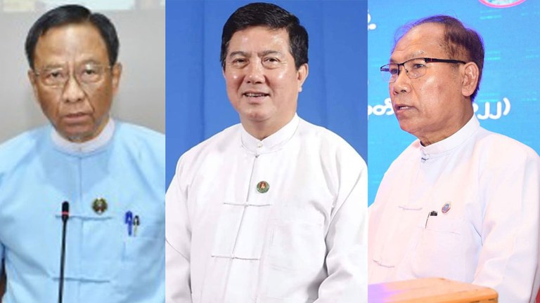 Ministers ရာထူးမှ အနားပေးခံရသည့် အဂတိလိုက်စားမှု တိုက်ဖျက်ရေးကော်မရှင် ဥက္ကဋ္ဌဒေါက်တာဌေးအောင်၊ အလုပ်သမားဝန်ကြီး ဒေါက်တာပွင့်ဆန်းနှင့် စစ်ကောင်စီအဖွဲ့ဝင် ဒေါက်တာအောင်ကျော်မင်း (ဝဲမှ ယာ) တို့အား တွေ့ရစဉ်။ (Photo: Myanmar Digital News)