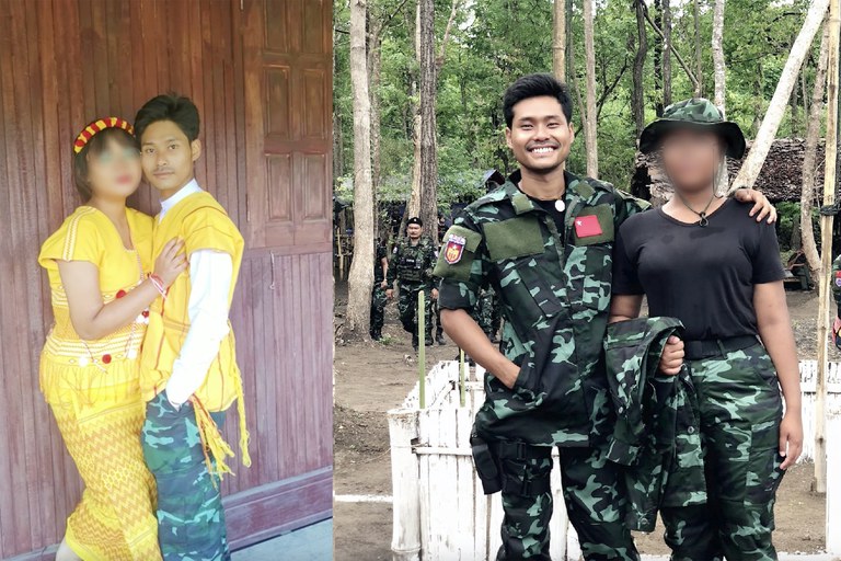 ဘာလီနှင့် ဇီးကွက်တို့နှစ်ဦးကို လက်ထပ်မင်္ဂလာပွဲကျင်းပသည့် ၂၀၂၂ ခုနှစ် ဒီဇင်ဘာလ ၅ ရက်နေ့က တွေ့ရစဉ်ပုံနှင့် တောတွင်းတပ်စခန်းတွင် ၂၀၂၄ ခုနှစ် မေလ ၂၆ ရက်နေ့က တွေ့ရစဉ်။ (Photo - Barli Via Facebook)