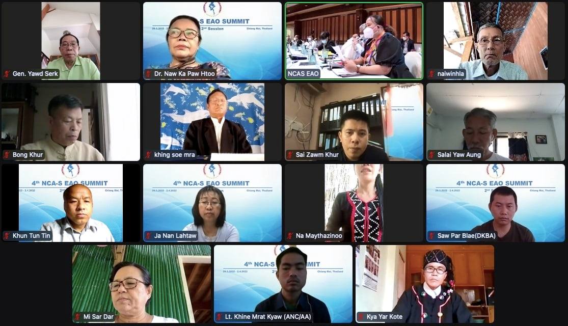 ထိုင်းနိုင်ငံ၊ ချင်းမိုင်မြို့တွင် ၂ဝ၂၂ ခုနှစ် မတ် ၂၉ ရက်တွင်ကျင်းပခဲ့သည့် (NCA) လက်မှတ်ထိုးထားသော တိုင်းရင်းသားလက်နက်ကိုင်အဖွဲ့များ၏ ညီလာခံမှာ အွန်လိုင်းမှ တက်ရောက်သူများကို တွေ့ရစဥ် (Photo: NCA-S EAO)