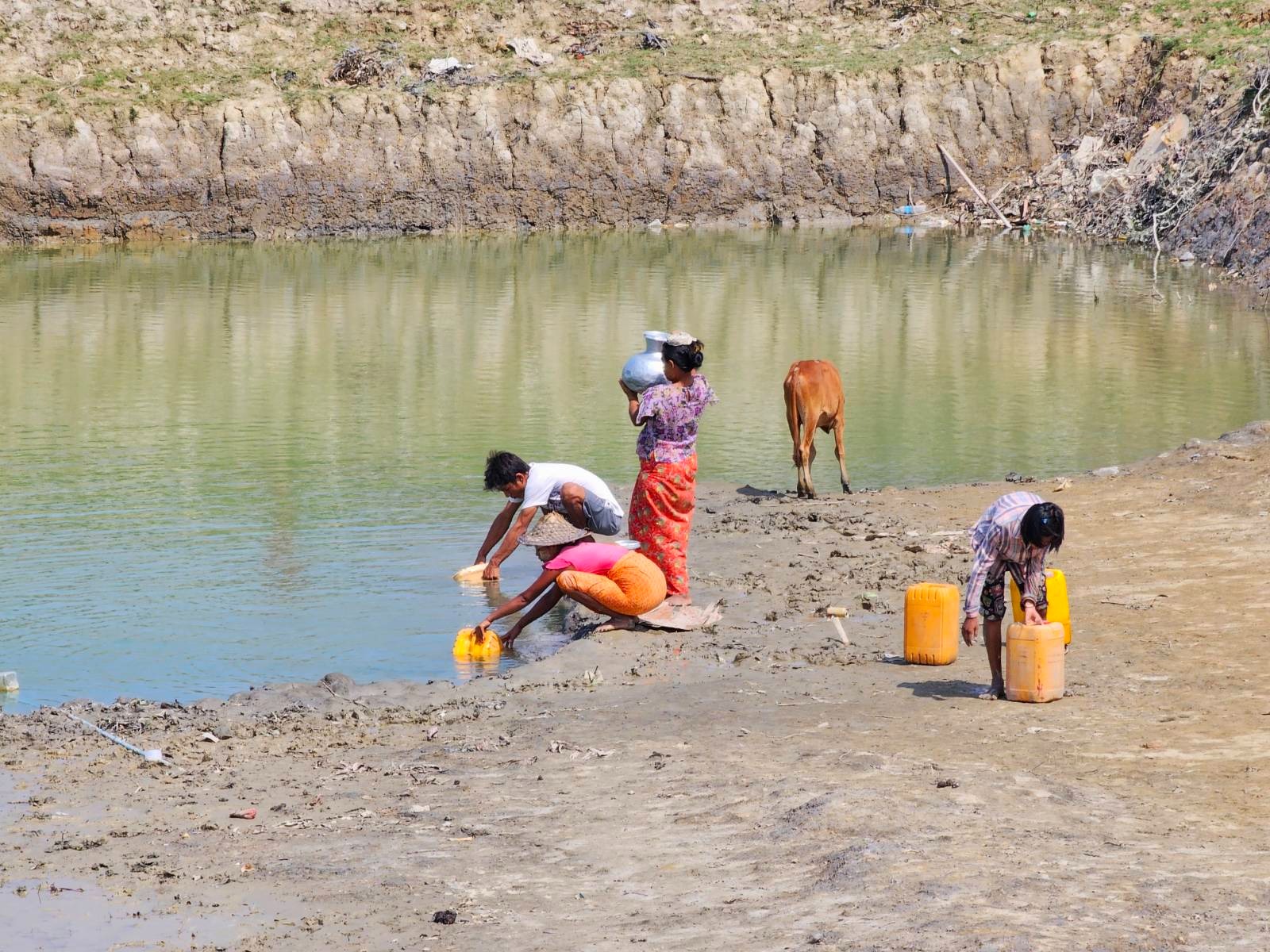 ရခိုင်ပြည်နယ်၊ စစ်တွေမြို့နယ်၊ ကျေးတောပိုက်ဆိပ်ကျေးရွာမှ သောက်သုံးရေကန်တစ်ကန်မှာ ရေခပ်နေကြသည်ကို ၂၀၂၃ ခုနှစ်၊ မေလ ၂၂ ရက်နေ့က တွေ့ရစဉ်။ (Photo: RFA)