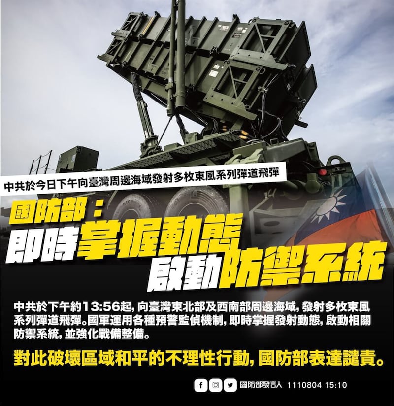 台湾国防部公布中共发射11枚东风飞弹,并启动防御系统。(台湾国防部提供)