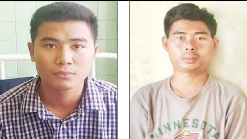 စစ်ခုံရုံးမှ သေဒဏ်ချမှတ်ခဲ့သည့် ရန်ကုန်မြို့ လှိုင်သာယာမြို့နယ်မှာ နေထိုင်သည့် ကိုကောင်းမြတ် နှင့် ကိုဖြိုးကျော်ဇင် တို့ကို တွေ့ရစဥ် (Photo: Myanmar Military)