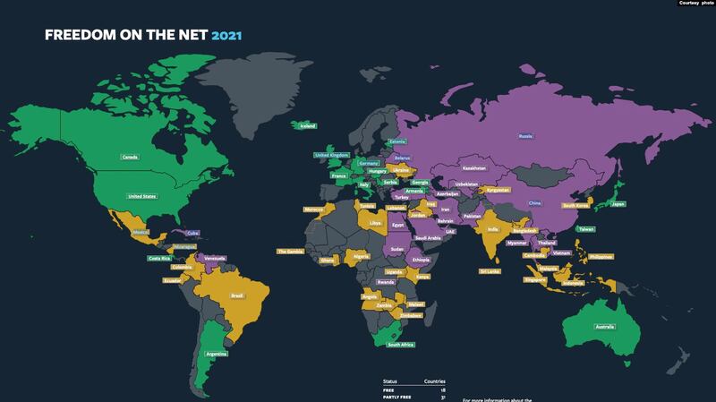 2021年自由之家网络自由报告国别图示,绿色代表自由,黄色代表部分自由,紫色代表不自由。(自由之家 )