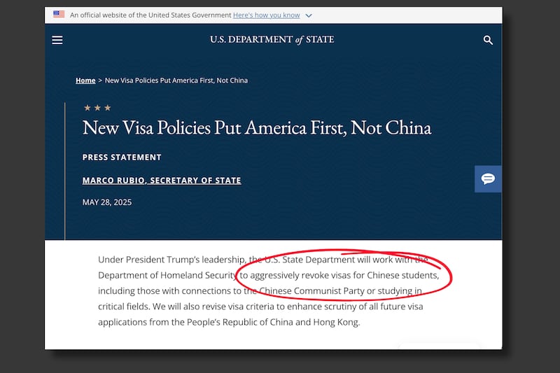 A U.S. State Department announcement on May 28, 2025, to scrutinize and  "aggressively revoke visas for Chinese students."