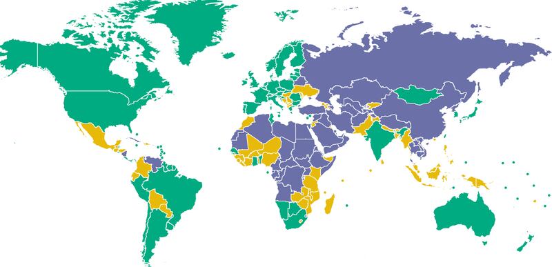 “自由之家”年度报告世界各国和地区自由度地图。绿色表示自由度最高,青色表示自由度最低。(自由之家官网)