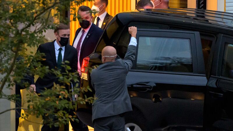美国国家安全顾问沙利文(Jake Sullivan)在与杨洁篪会面后离开。(AFP)