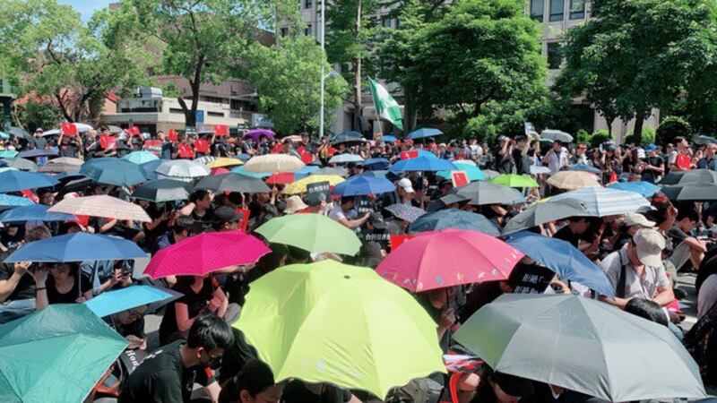 学生穿着黑色上衣,撑雨伞声援“反送中、撑香港”(记者 黄春梅摄)