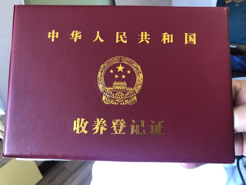 廖强夫妻出示合法收养小文的文件。(记者夏小华摄)