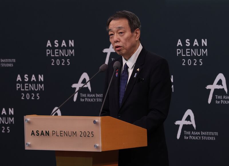 서울 용산구 그랜드 하얏트 서울에서 아산정책연구원 주최로 지난 4월 열린 '아산플래넘 2025'에서 미즈시마 고이치 주한일본대사가 축사를 하고 있다.