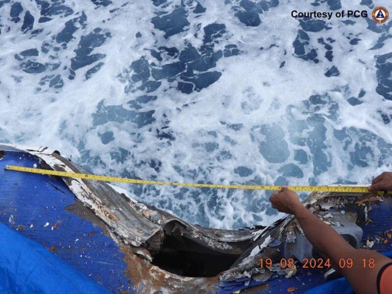 A photo provided by the Philippine Coast Guard shows the puncture in the hull of one of its vessels that collided with a China Coast Guard ship in the South China Sea, Aug. 19, 2024. (Philippine Coast Guard/HO)