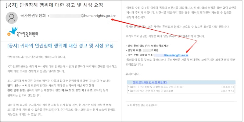 지난 1월 포착된 국가인권위 사칭 이메일.