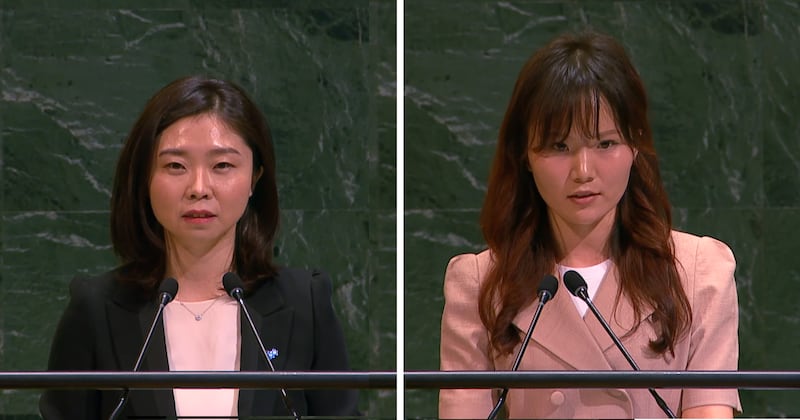 유엔총회에 참석해 증언하는 김은주 씨(왼쪽)와강규리 씨(오른쪽)의 모습.