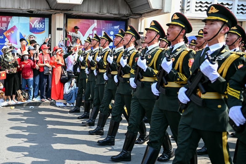 Chinese soldiers march during a parade marking the 50th anniversary of the fall of Saigon and the end of the Vietnam War in Ho Chi Minh City on April 30, 2025.