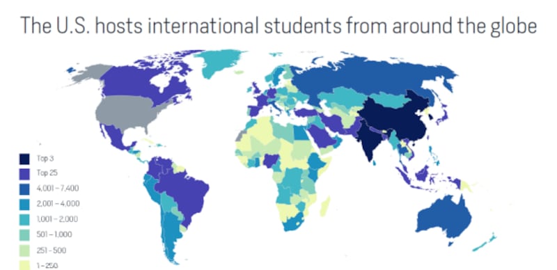 美国外籍留学生生源示意图(美国国际教育协会《2019年门户开放报告》)