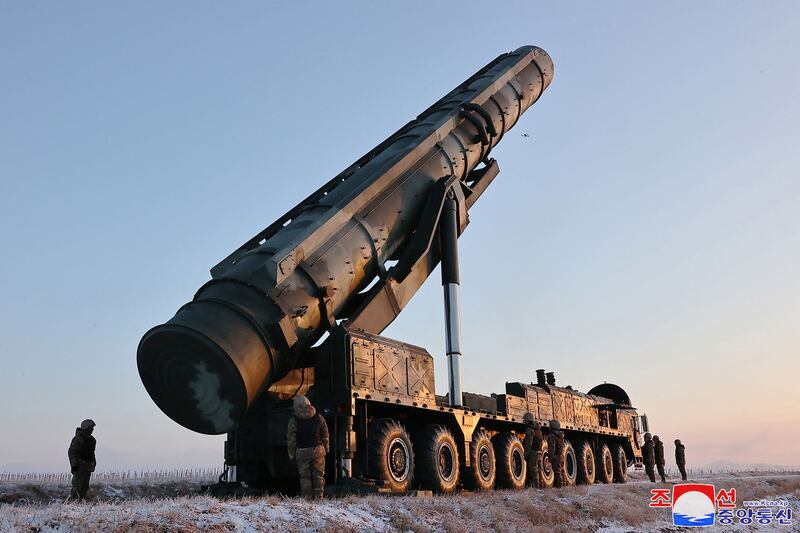 This undated picture released by North Korea's official Korean Central News Agency (KCNA) on December 19, 2023 shows a mobile launcher awaiting the order to launch a Hwasongpho-18 intercontinental ballistic missile (ICBM) at an undisclosed location in North Korea. North Korean leader Kim Jong Un personally oversaw this week's test launch of the country's most powerful solid-fuel intercontinental ballistic missile, which has the potential to reach the United States, state media said.