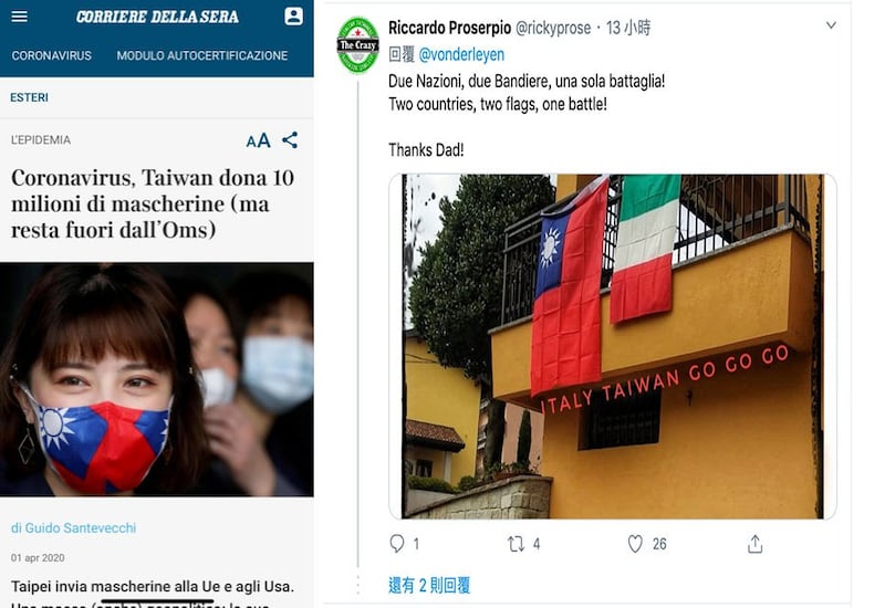 左图:意大利媒体Corriere della sera报导台湾捐口罩。(取自网路); 右图:有意大利人挂上台湾和意大利国旗表示友好。(取自推特)