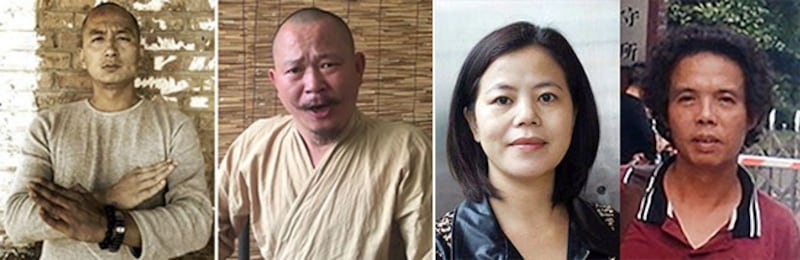 2014年发生在香港的占中行动,得到内地民众广泛支持。但数十名声援者遭到公安传唤及刑事拘留,甚至判刑。图为左起:北京艺术家王藏、追魂,广东女权工作者苏昌兰和维权人士陈启棠。(组合资料图片)