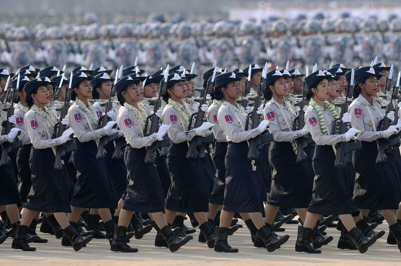 ၂၀၂၃ ခုနှစ် မတ်လ ၂၇ ရက်နေ့တွင် ကျရောက်သည့် ၇၈ နှစ်မြောက် တပ်မတော်နေ့ အခမ်းအနားအား တွေ့ရစဉ်။ (Photo: AFP)