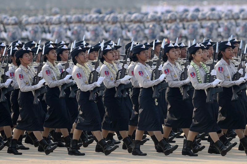 ၂၀၂၃ ခုနှစ် မတ်လ ၂၇ ရက်နေ့တွင် ကျရောက်သည့် ၇၈ နှစ်မြောက် တပ်မတော်နေ့ အခမ်းအနားအား တွေ့ရစဉ်။ (Photo: AFP)