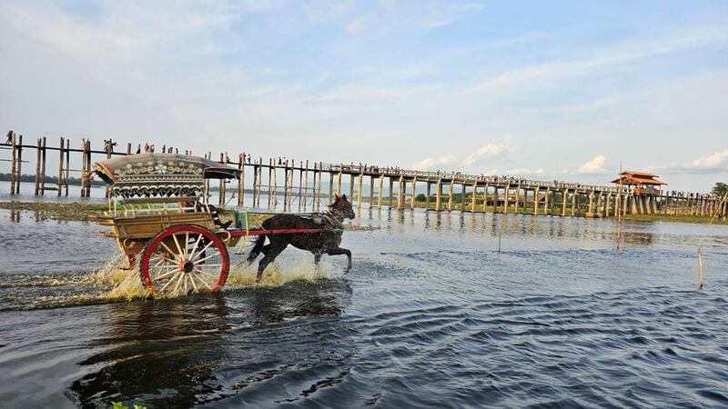 မန္တလေးမြို့၊ အမရပူရမြို့နယ်၊ တောင်သမန်အင်းတွင် မောင်းနှင်နေသည့် မြန်မာ့ရိုးရာမြင်းလှည်းတစ်စီးကို ၂၀၂၃ ခုနှစ်၊ ဇွန်လ ၁၇ ရက်နေ့က တွေ့ရစဉ်။ (Photo: RFA)