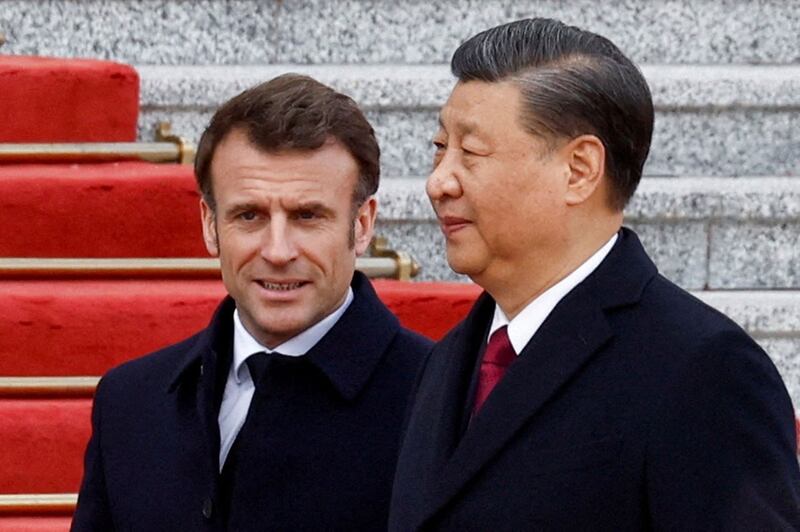 2023年4月6日,中国国家主席习近平在北京会见法国总统马克龙。两国领导人将在2024年5月再次会面。(路透社图片)