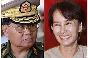 နအဖ ဥက္ကဋ္ဌ ဗိုလ်ချုပ်မှူးကြီး သန်းရွှေနှင့် ဒီမိုကရေစီ ခေါင်းဆောင် ဒေါ်အောင်ဆန်းစုကြည်။ မြန်မာ စစ်အစိုးရအနေဖြင့် ဒီမိုကရေစီ အင်အားစုများနှင့် စစ်မှန်သော တွေ့ဆုံဆွေးနွေးမှု ပြုလုပ်ဖို့ နိုင်ငံတကာမှ ထပ်ခါတလဲလဲ တောင်းဆိုနေပါသည်။ (Photo: AFP)