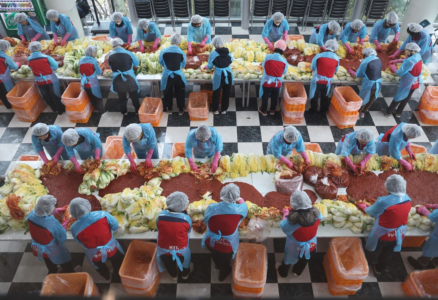 지난 20일 부산 사상구 경남정보대학교 학생식당에서 학생과 자원봉사원 등이 절임배추를 양념에 버무리고 있다. 대학은 이날 김장 김치 1300포기를 담가 지역 내 소외계층에 전달할 예정이다.