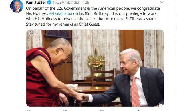 རྒྱ་གར་ནང་ཡོད་པའི་ཨ་མི་རི་ཀའི་གཞུང་ཚབ་པ་སྐུ་ཞབས་(Kenneth Juster)་ལགས་ཀྱི་(twitter)་དྲ་ངོས། ༢༠༢༠།༧།༦ རྒྱ་གར་ནང་ཡོད་པའི་ཨ་མི་རི་ཀའི་གཞུང་ཚབ་པ་སྐུ་ཞབས་(Kenneth Juster)་ལགས་ཀྱི་(twitter)་དྲ་ངོས། ༢༠༢༠།༧།༦
