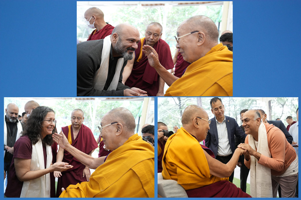 བོད་ཀྱི་དབུ་ཁྲིད་༧གོང་ས་མཆོག་གིས་རྒྱ་གར་གྱི་གཏམ་བརྗོད་དང་གློག་བརྙན་འཁྲབ་སྟོན་པ་ཁག་ཅིག་ལ་མཇལ་ཁ་བསྩལ་འདུག